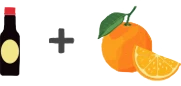 Illustration of a bottle with a yellow label next to a whole orange and an orange slice, separated by a plus sign.
