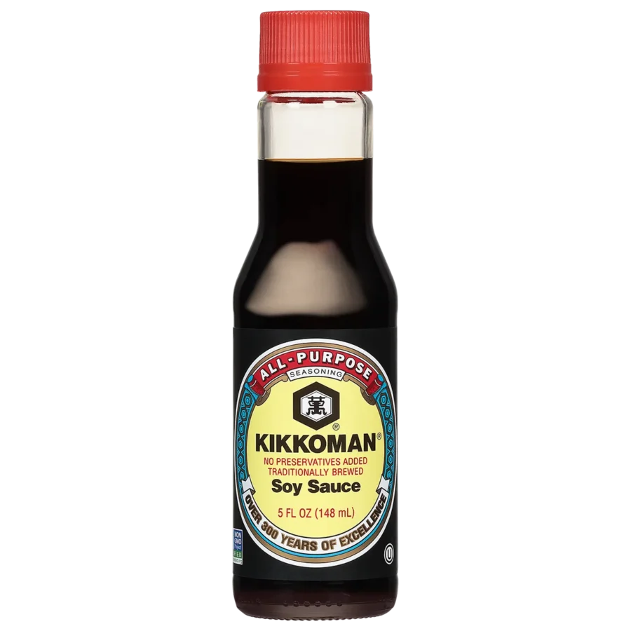 A 5 fl oz bottle of Kikkoman all-purpose soy sauce with a red cap and label indicating it is traditionally brewed with no preservatives added.