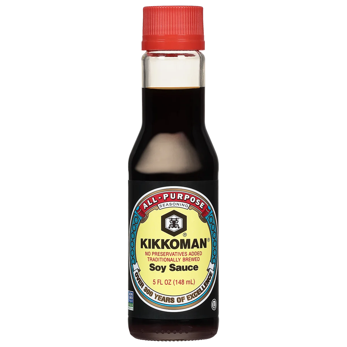 A 5 fl oz bottle of Kikkoman all-purpose soy sauce with a red cap and label indicating it is traditionally brewed with no preservatives added.