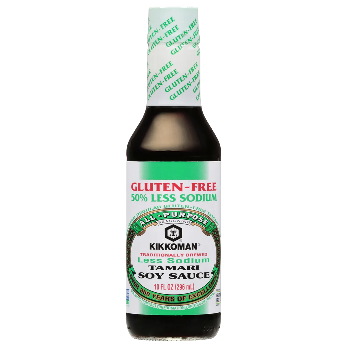 A bottle of Kikkoman Gluten-Free Less Sodium Tamari Soy Sauce, 10 fl oz, with a green and black label highlighting "50% less sodium.
