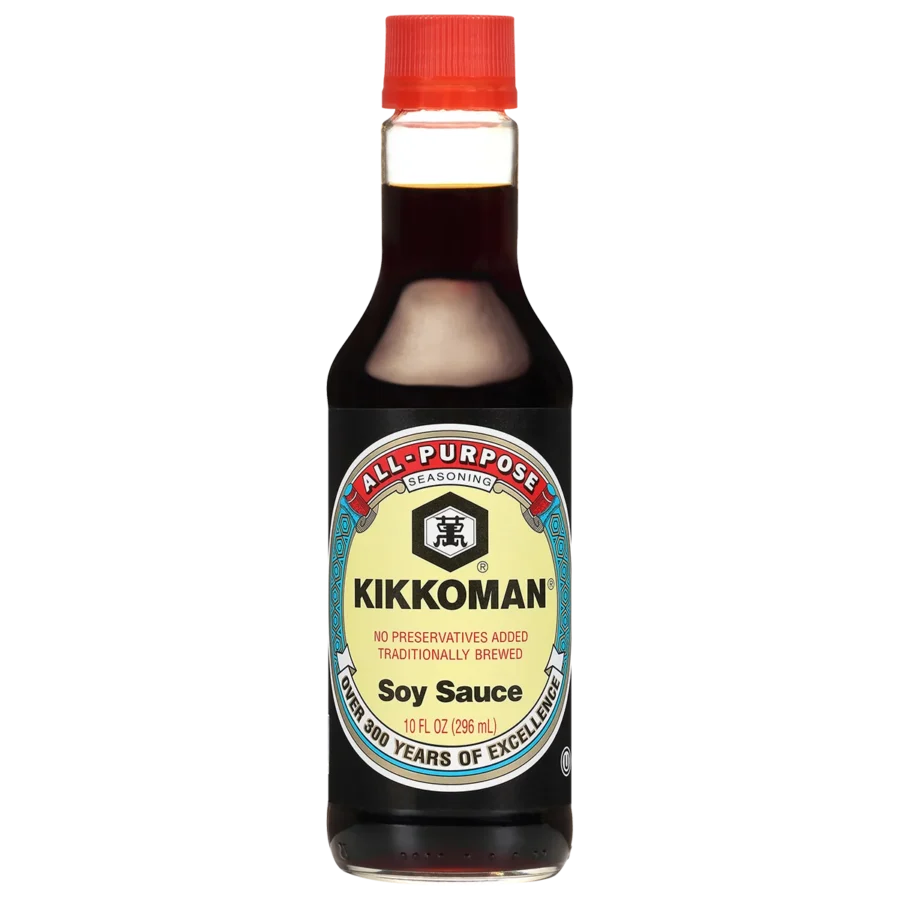 A 10 fl oz bottle of Kikkoman all-purpose soy sauce with a red cap and a beige, red, and blue label.