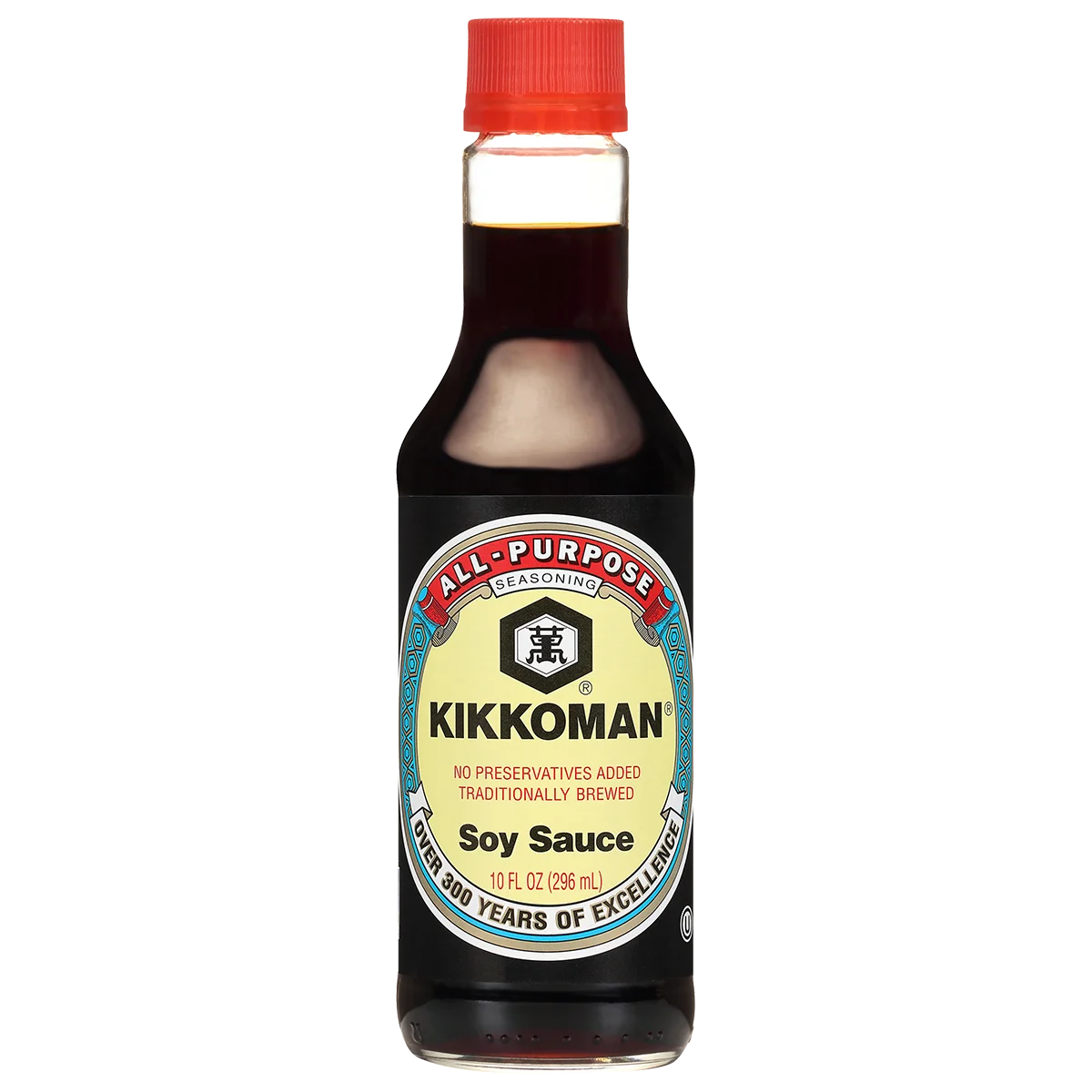 A 10 fl oz bottle of Kikkoman all-purpose soy sauce with a red cap and a beige, red, and blue label.