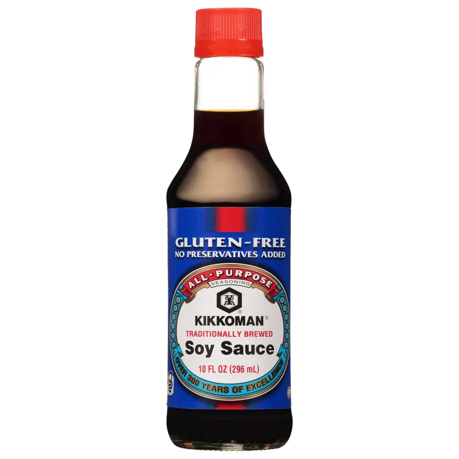 A 10 fl oz bottle of Kikkoman gluten-free soy sauce with a red cap and blue label, featuring product details and branding on the front.
