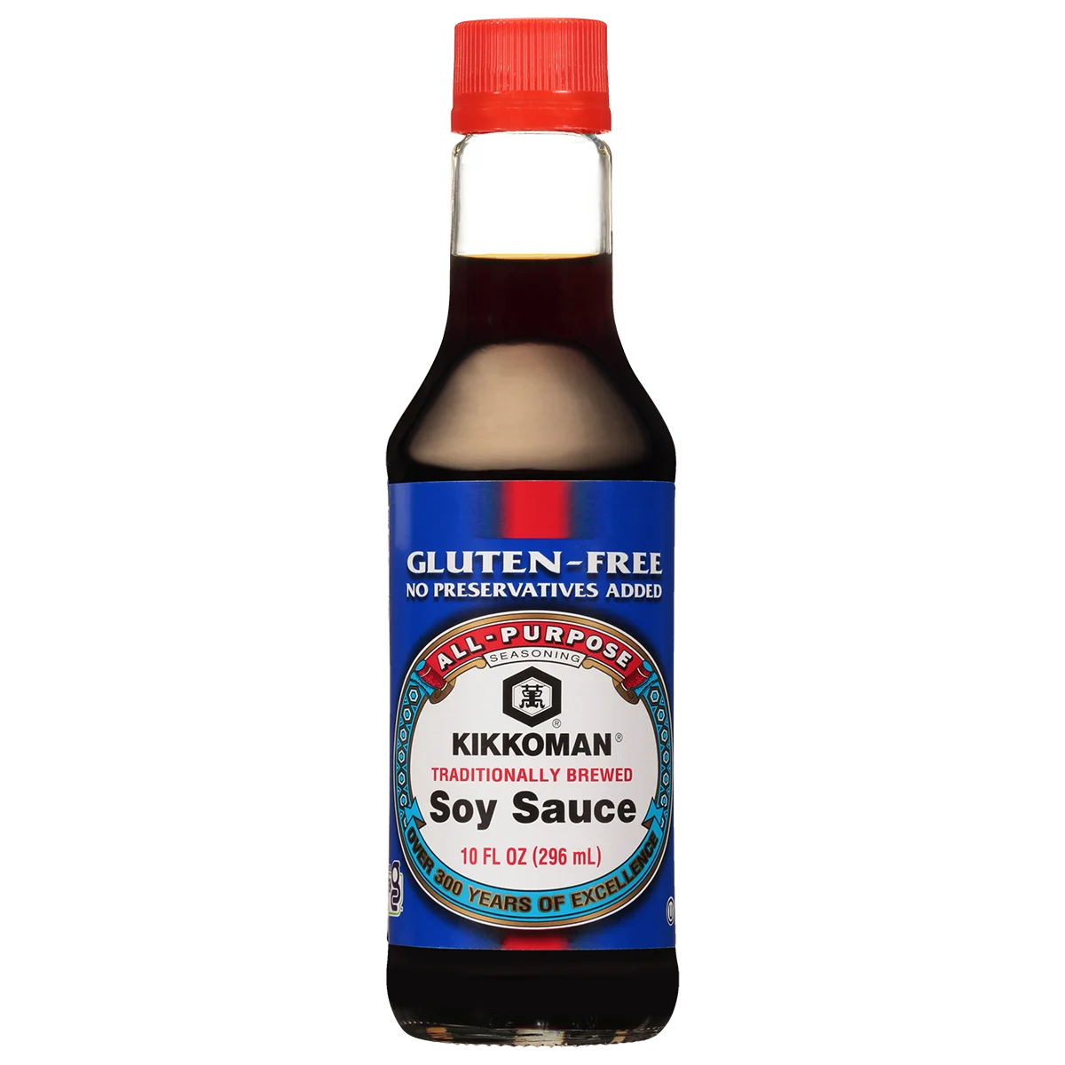 A 10 fl oz bottle of Kikkoman gluten-free soy sauce with a red cap and blue label, featuring product details and branding on the front.