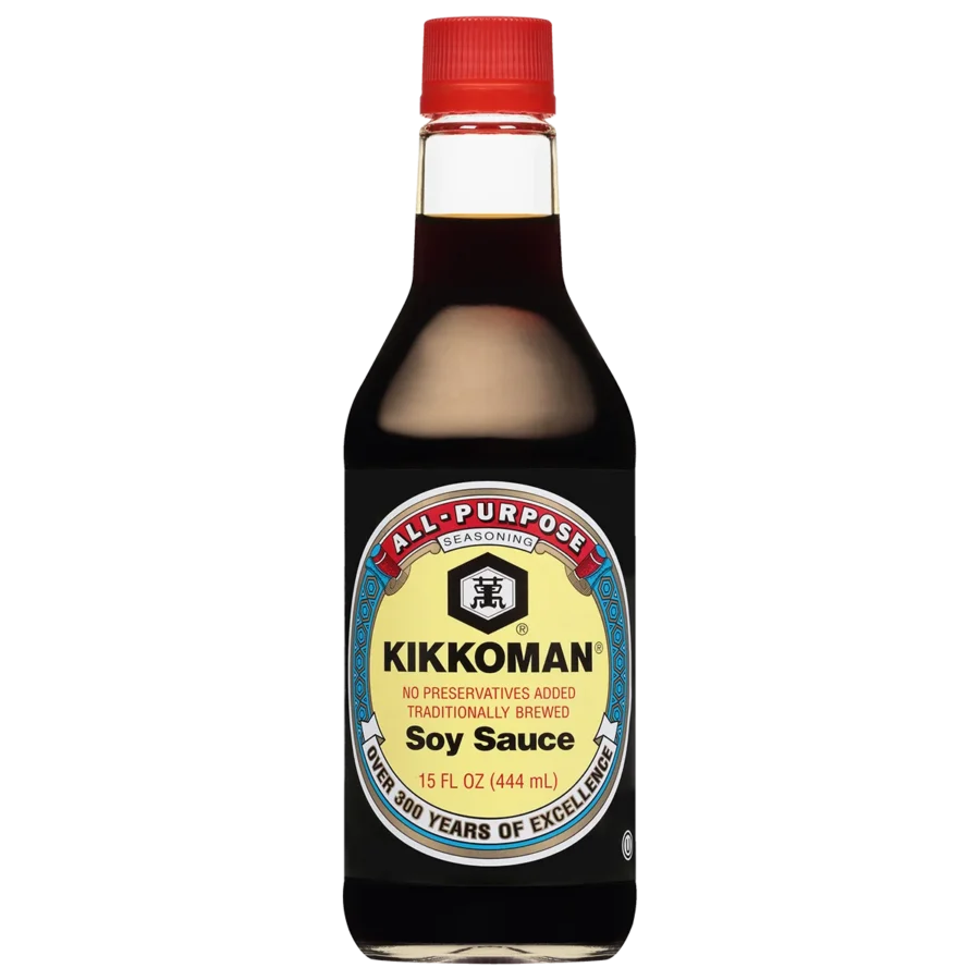A 15 fl oz (444 mL) bottle of Kikkoman all-purpose soy sauce with a red cap and a beige label indicating "no preservatives added.