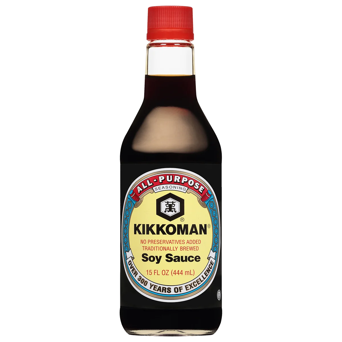 A 15 fl oz (444 mL) bottle of Kikkoman all-purpose soy sauce with a red cap and a beige label indicating "no preservatives added.