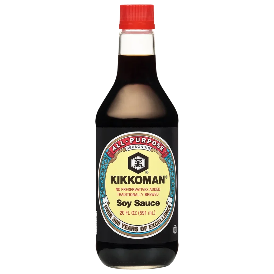 A 20 fl oz bottle of Kikkoman all-purpose soy sauce with a red cap and a yellow label displaying product information.