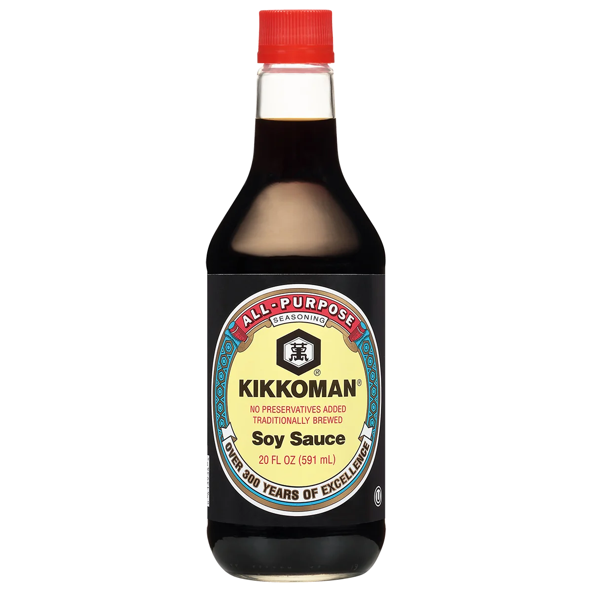 A 20 fl oz bottle of Kikkoman all-purpose soy sauce with a red cap and a yellow label displaying product information.