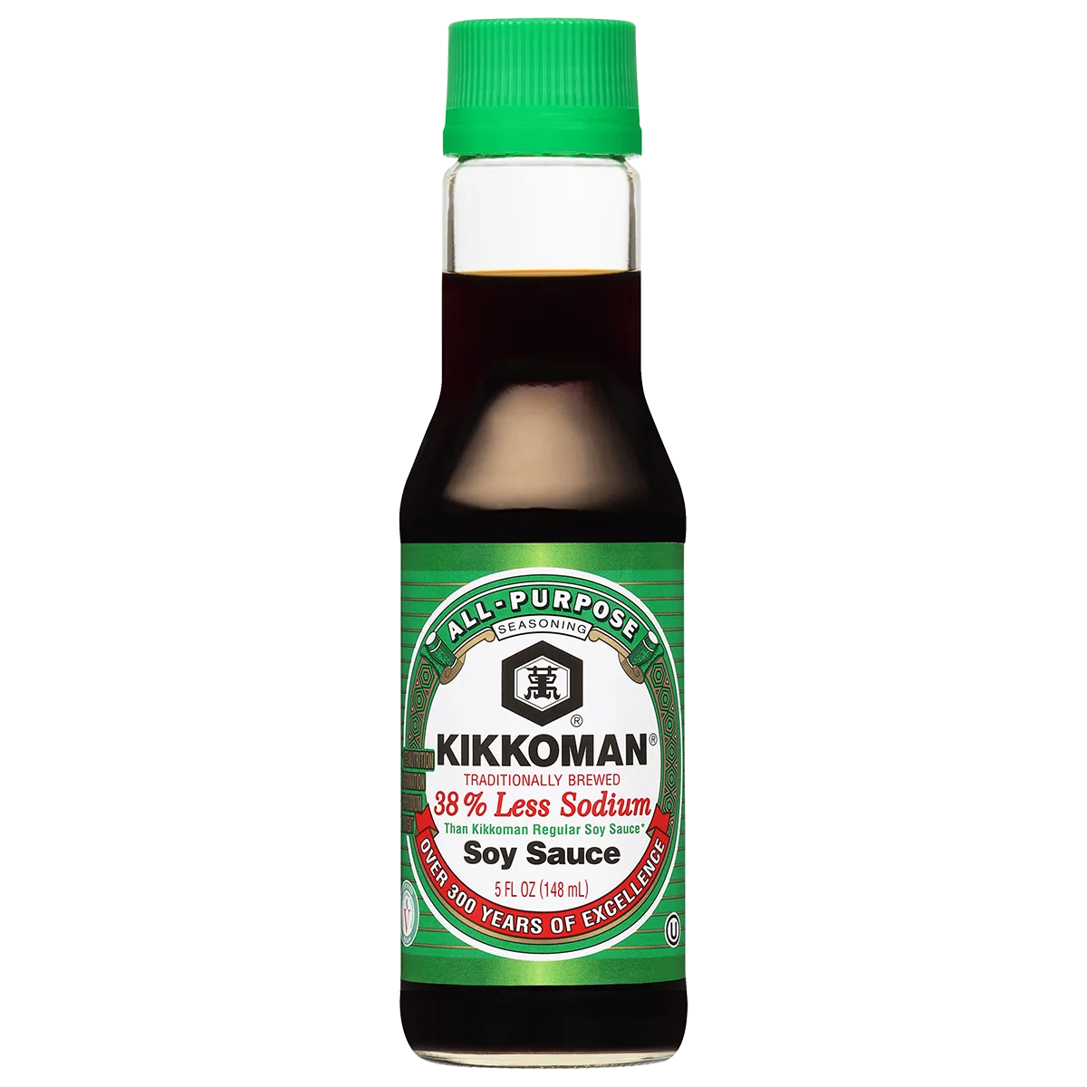 A 5 fl oz bottle of Kikkoman Less Sodium Soy Sauce with a green label stating 38% less sodium than regular Kikkoman soy sauce.