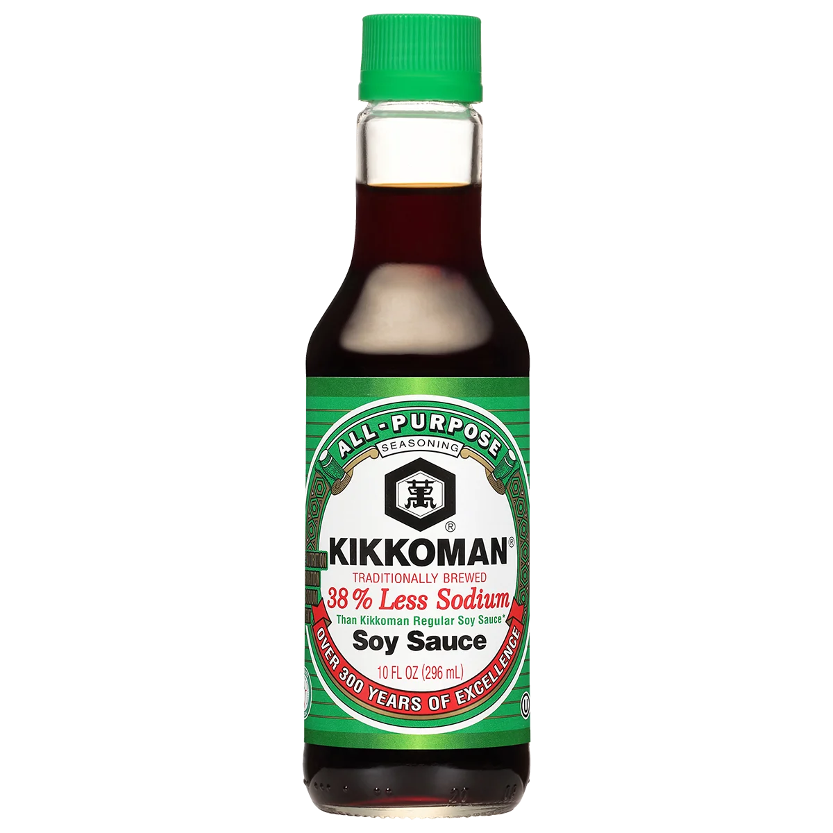 A 10 fl oz bottle of Kikkoman Less Sodium Soy Sauce with a green cap and label indicating 38% less sodium than regular soy sauce.