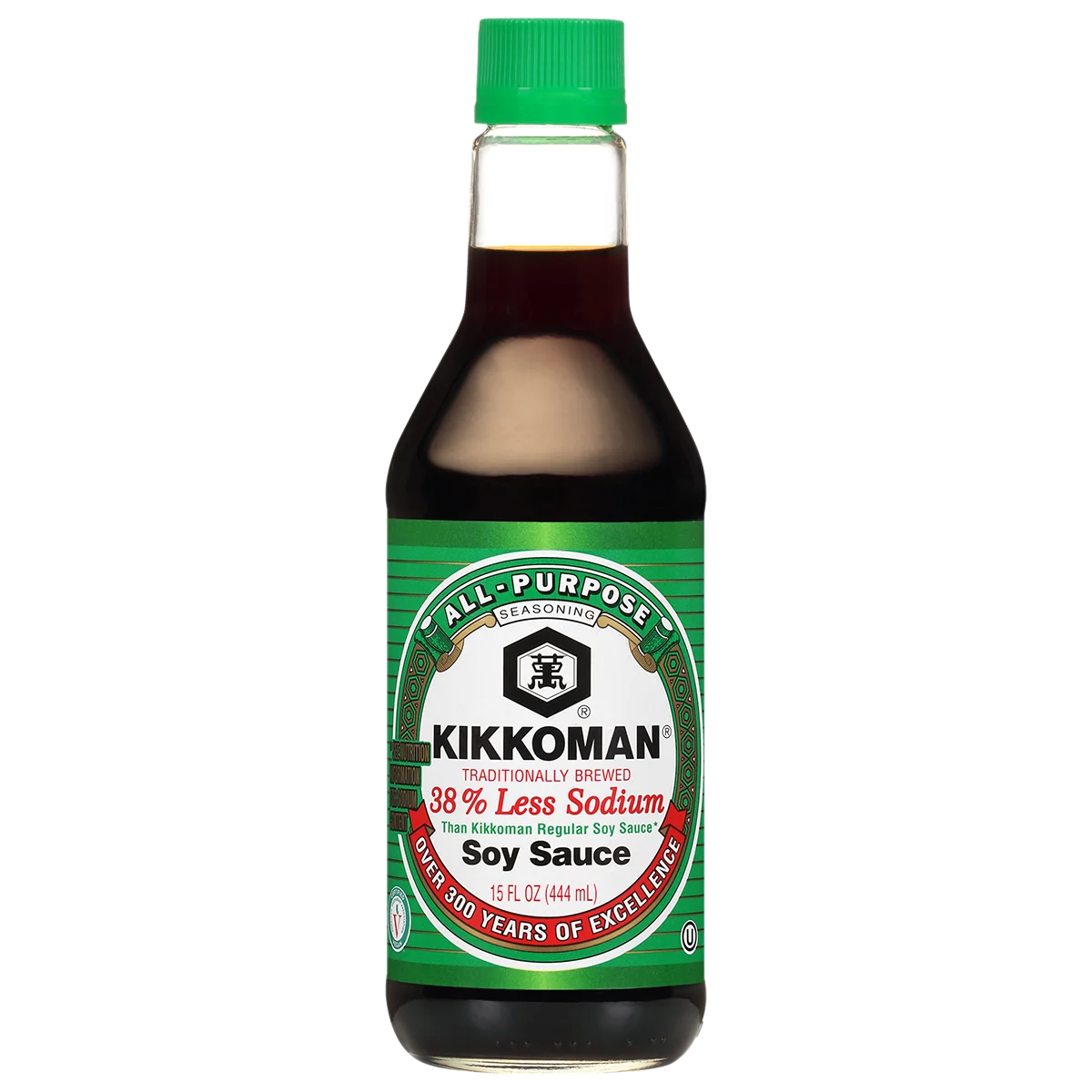A bottle of Kikkoman Less Sodium Soy Sauce with a green label, showing “38% Less Sodium” and “All-Purpose Seasoning” on the front.