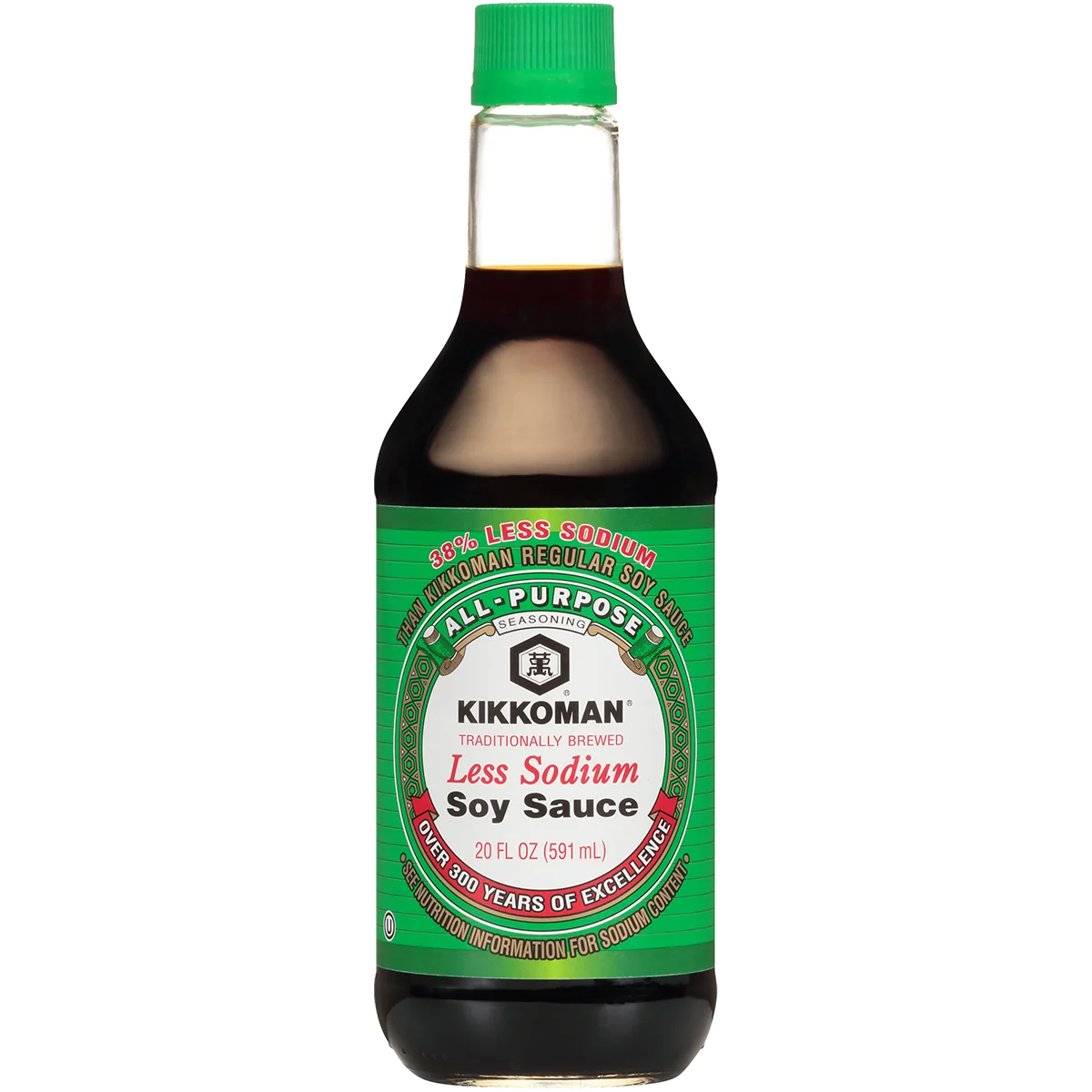 A 20 fl oz bottle of Kikkoman Less Sodium Soy Sauce with a green label and cap, displaying product information and branding.