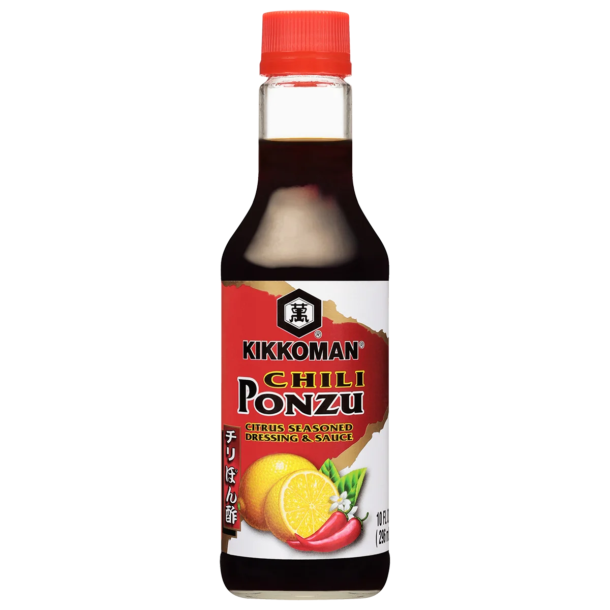 A bottle of Kikkoman Chilli Ponzu citrus seasoned dressing and sauce with images of lemon, chili peppers, and blossoms on the label.
