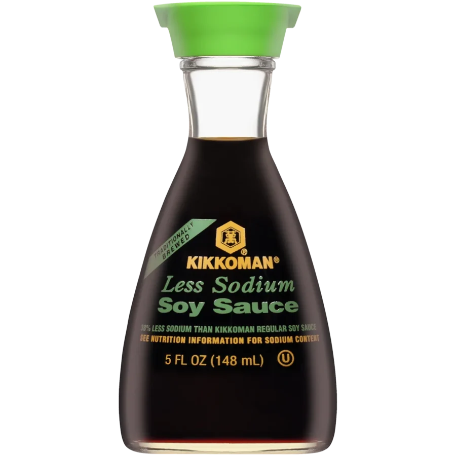 A 5 fl oz (148 mL) glass bottle of Kikkoman Less Sodium Soy Sauce with a green cap and green label text.