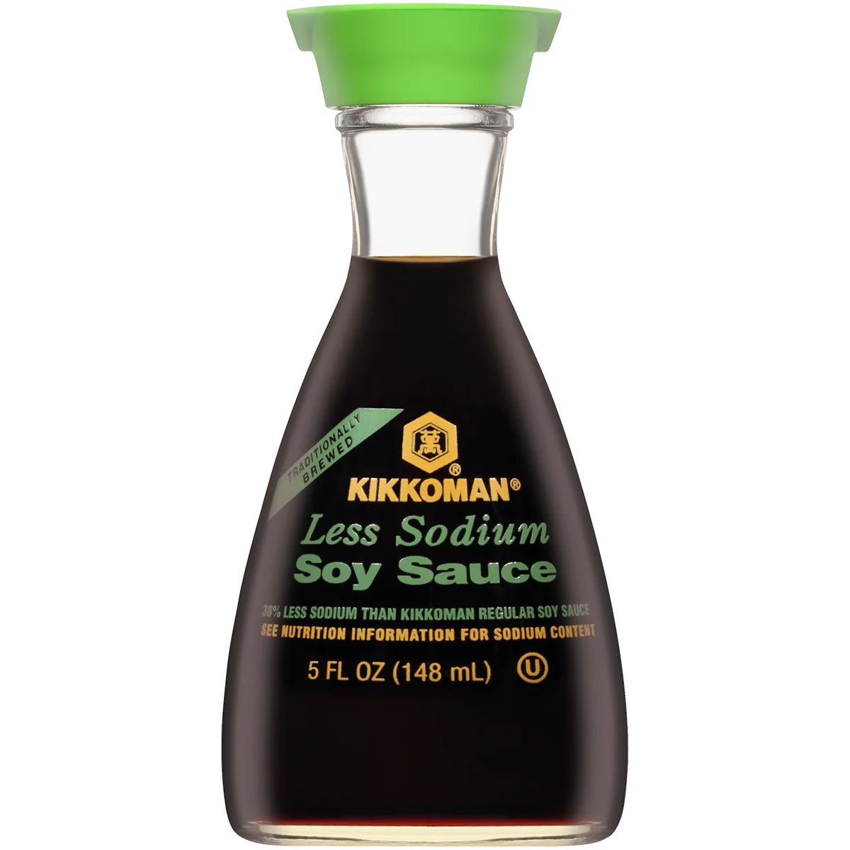 A 5 fl oz (148 mL) glass bottle of Kikkoman Less Sodium Soy Sauce with a green cap and green label text.