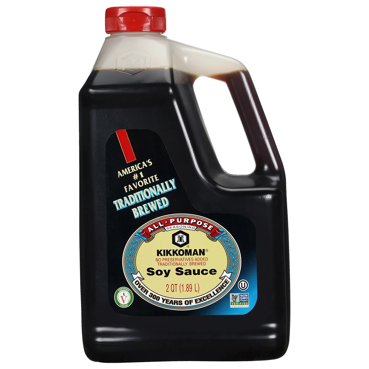 A 64 fl oz plastic jug of Kikkoman all-purpose soy sauce with a red cap and product label stating “Traditionally Brewed” and “No Preservatives Added.”.
