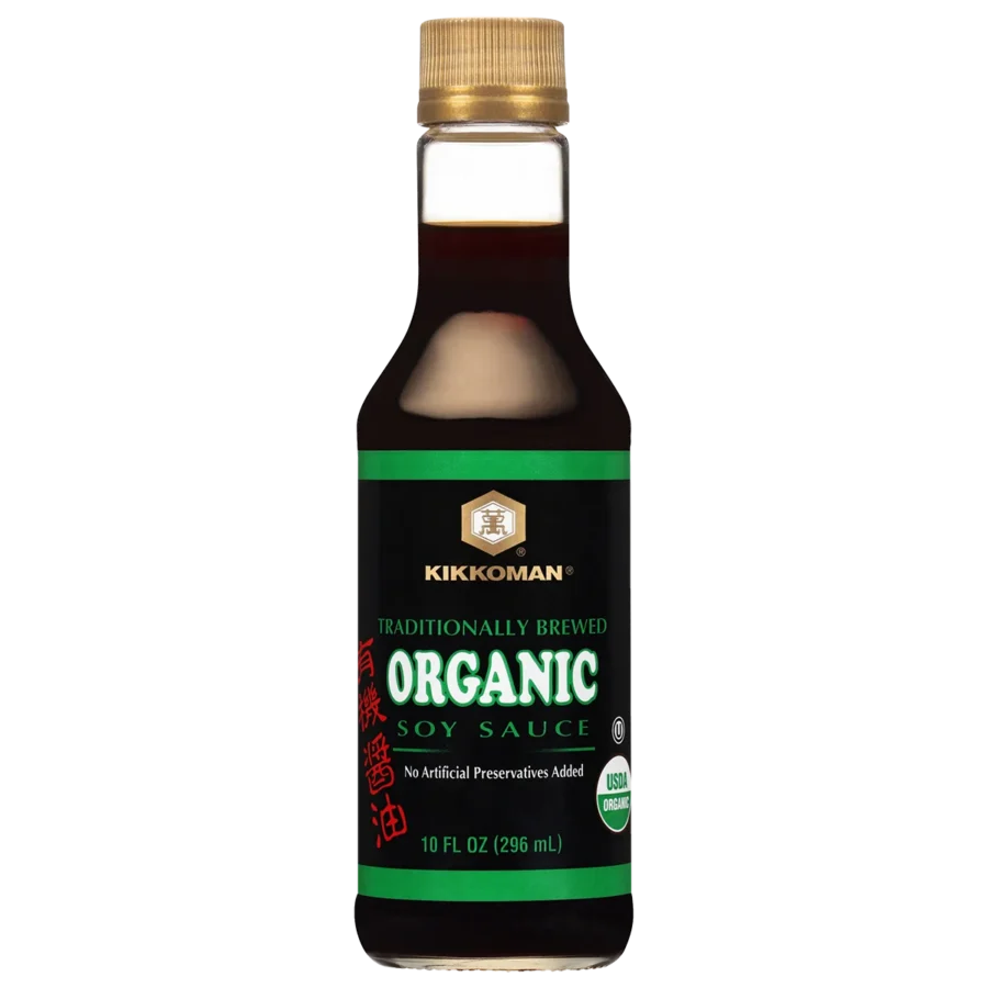A 10 fl oz (296 ml) bottle of Kikkoman traditionally brewed organic soy sauce with a black label and green text.