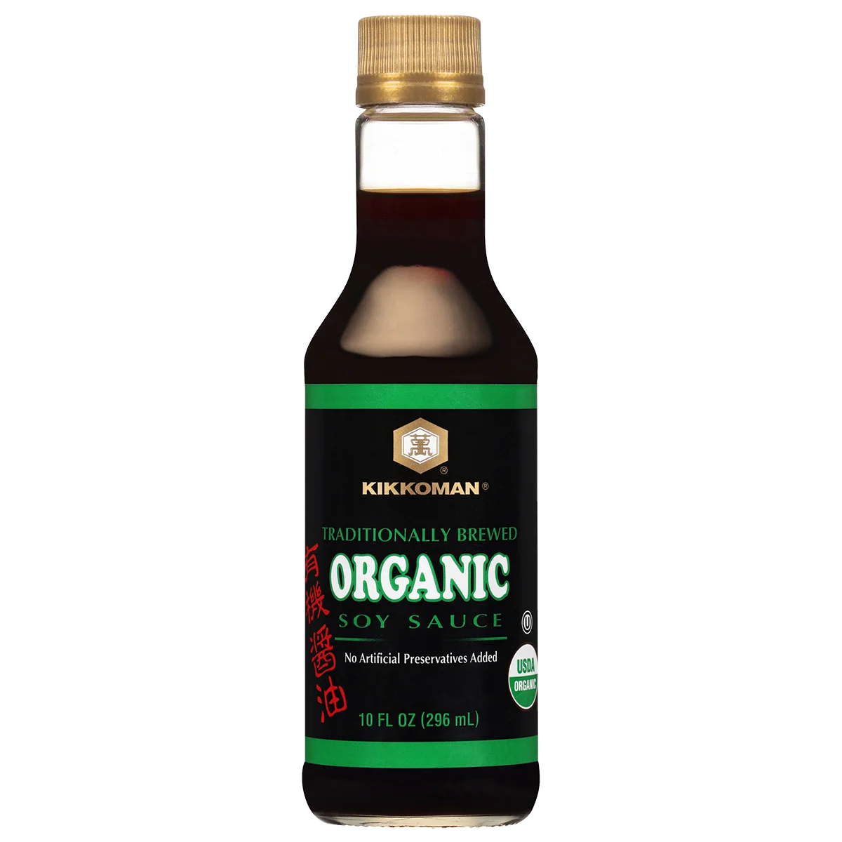 A 10 fl oz (296 ml) bottle of Kikkoman traditionally brewed organic soy sauce with a black label and green text.