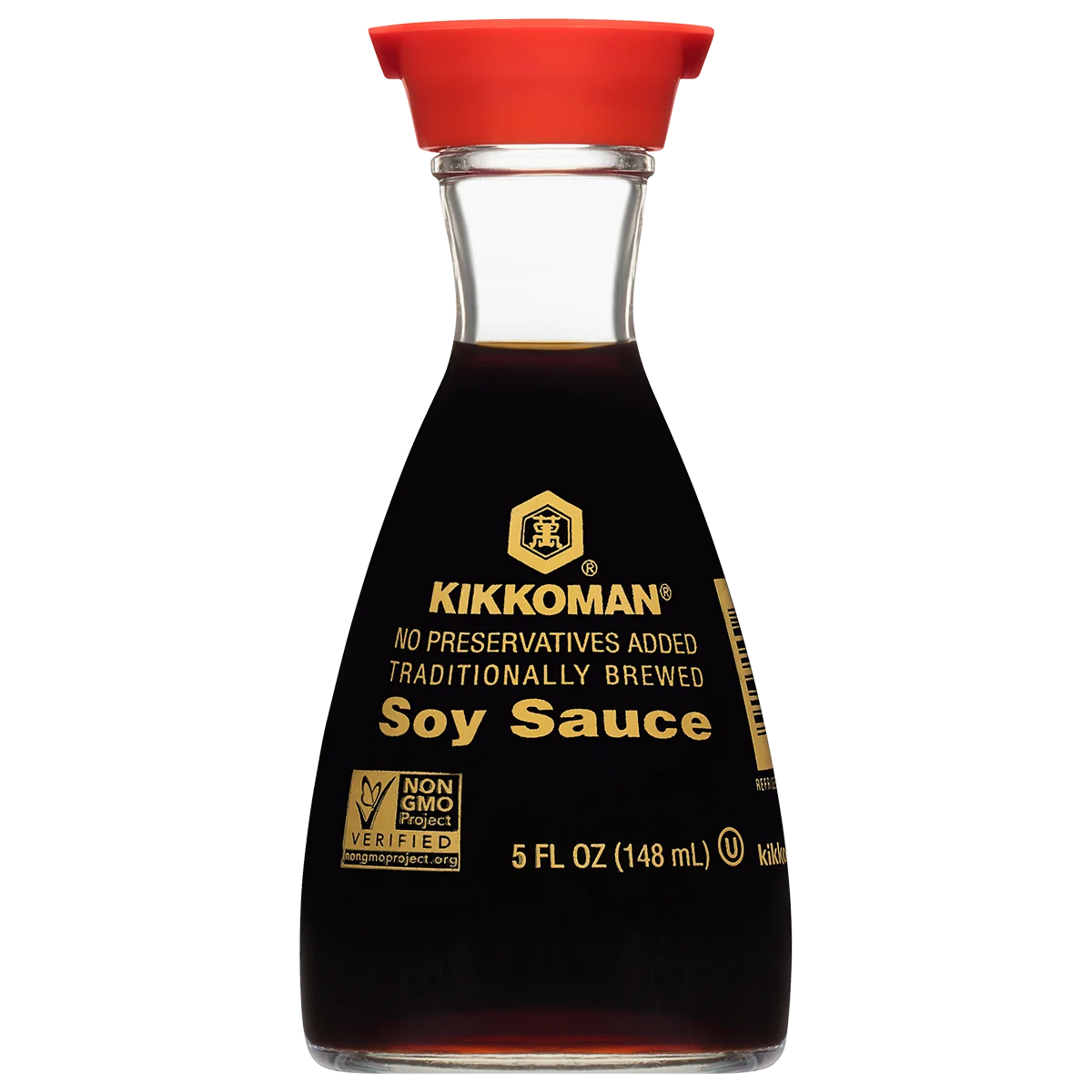 A glass bottle of Kikkoman soy sauce with a red cap, labeled "No preservatives added" and "Traditionally brewed," containing 5 fl oz (148 mL).