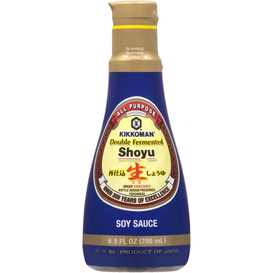A 200 mL bottle of Kikkoman Double Fermented Shoyu Soy Sauce with a blue label and gold cap, labeled as an all-purpose seasoning and product of Japan.
