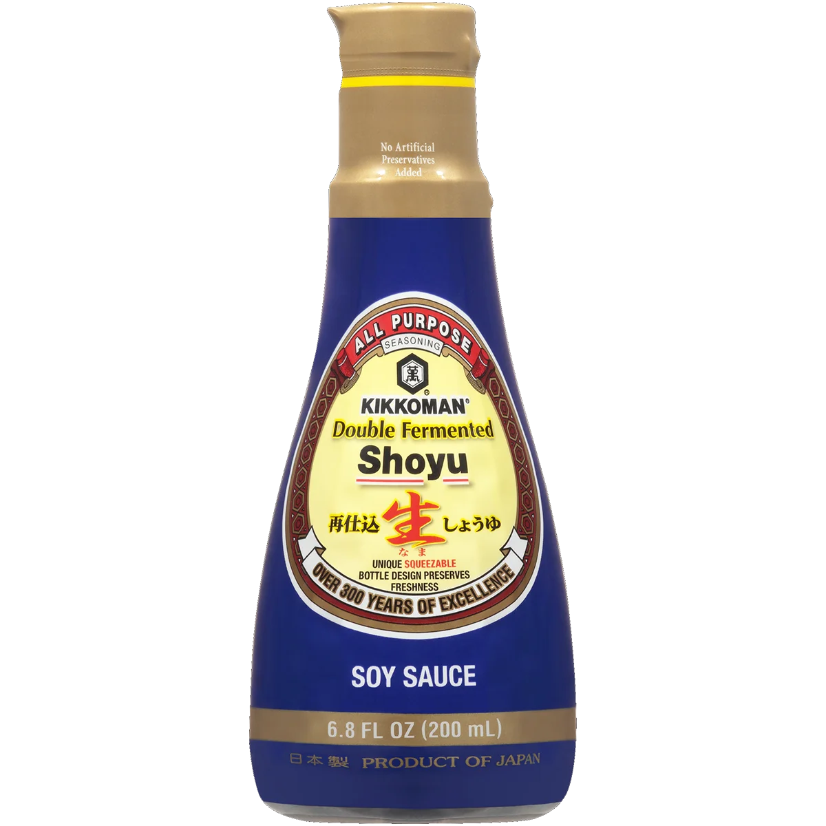 A 200 mL bottle of Kikkoman Double Fermented Shoyu Soy Sauce with a blue label and gold cap, labeled as an all-purpose seasoning and product of Japan.