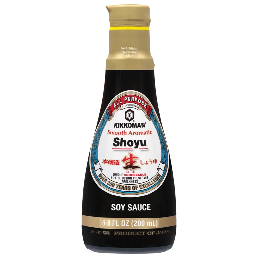 A 200 mL bottle of Kikkoman Shoyu soy sauce with a black label and red and white accents, labeled as smooth, aromatic, and all-purpose.