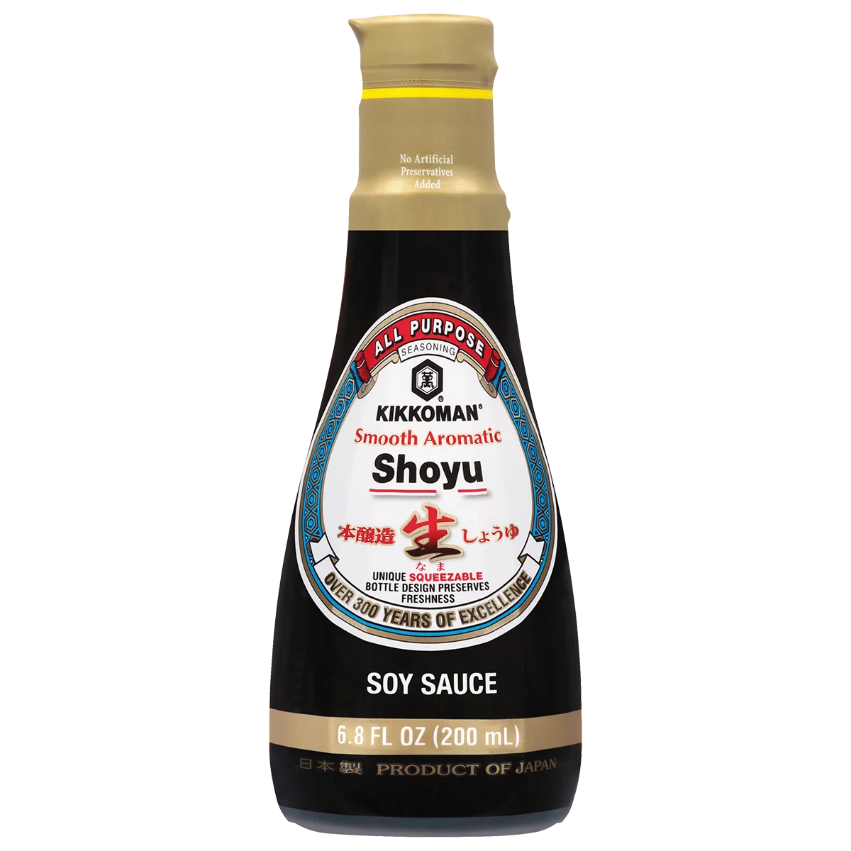 A 200 mL bottle of Kikkoman Shoyu soy sauce with a black label and red and white accents, labeled as smooth, aromatic, and all-purpose.