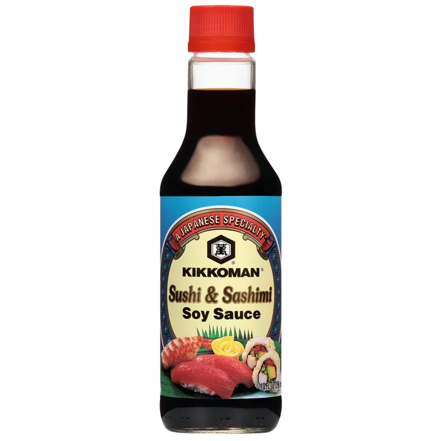 A bottle of Kikkoman Sushi & Sashimi Soy Sauce with a red cap and a label featuring images of sushi and sashimi.