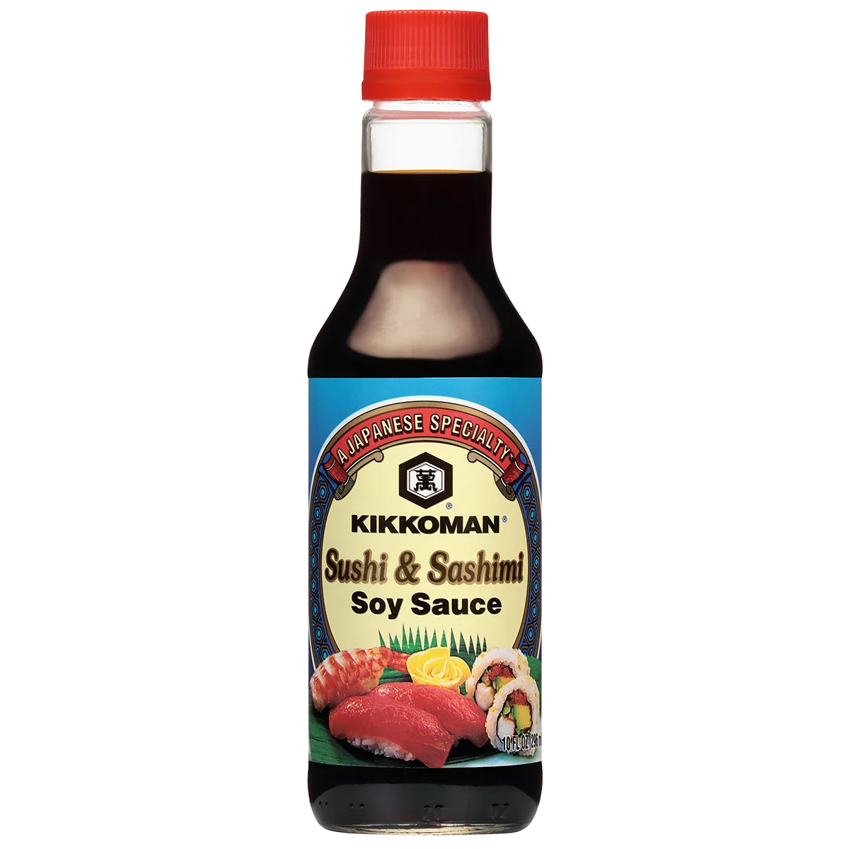 A bottle of Kikkoman Sushi & Sashimi Soy Sauce with a red cap and a label featuring images of sushi and sashimi.