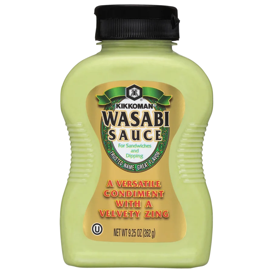 A 9.25 oz bottle of Kikkoman Wasabi Sauce with green packaging, labeled as a versatile condiment for sandwiches and dipping.