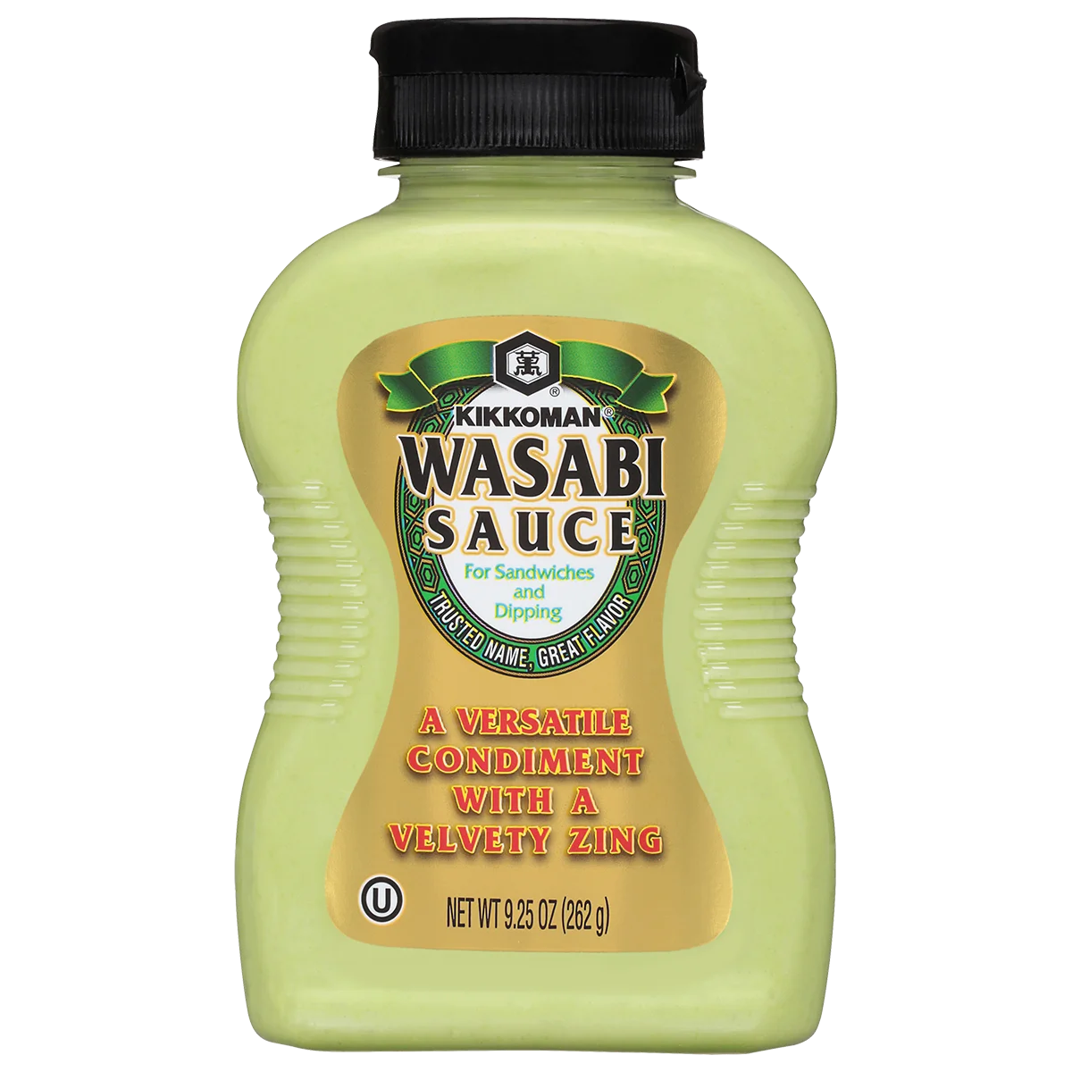 A 9.25 oz bottle of Kikkoman Wasabi Sauce with green packaging, labeled as a versatile condiment for sandwiches and dipping.
