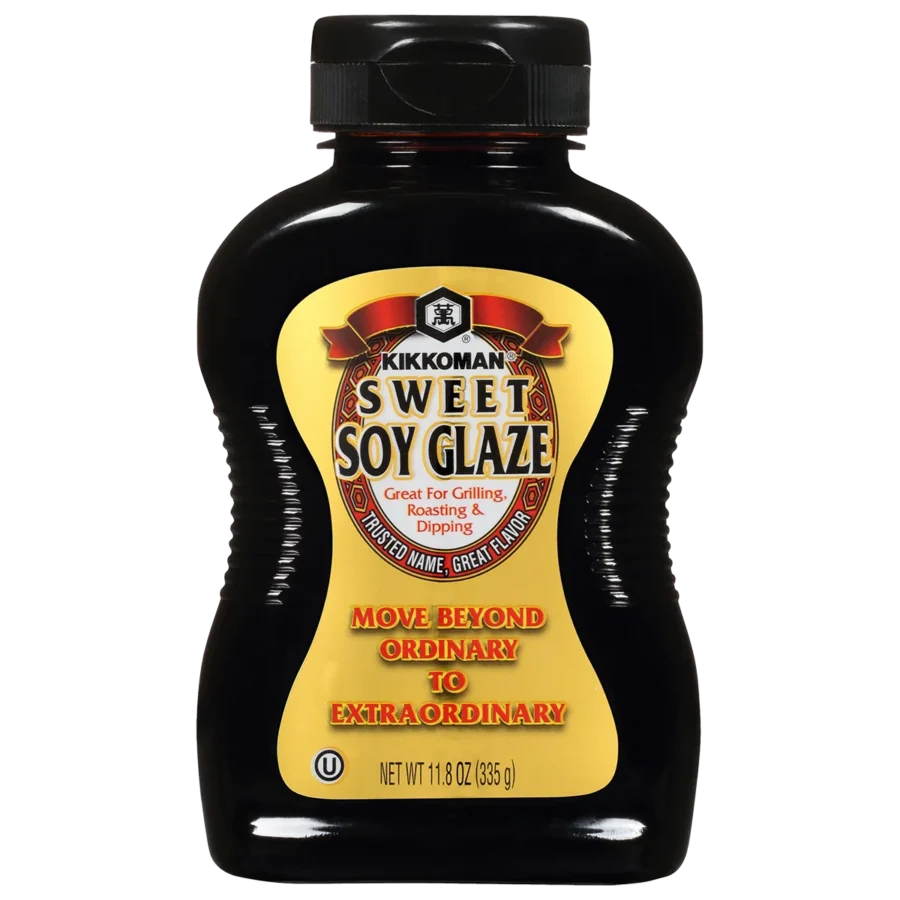 A bottle of Kikkoman Sweet Soy Glaze featuring a yellow label with red and black text, highlighting its use for grilling, roasting, and dipping. Net weight 11.8 oz (335 g).