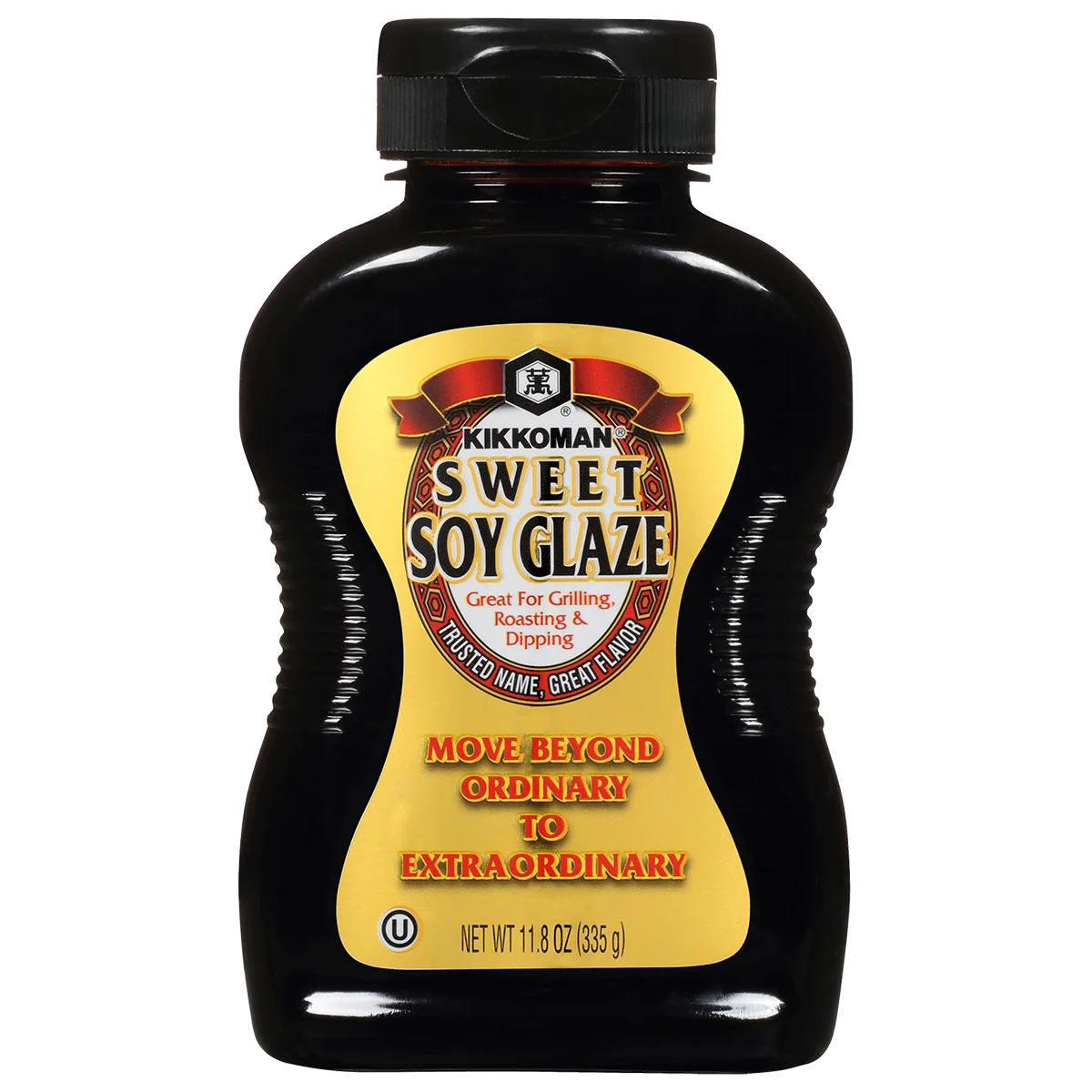 A bottle of Kikkoman Sweet Soy Glaze featuring a yellow label with red and black text, highlighting its use for grilling, roasting, and dipping. Net weight 11.8 oz (335 g).