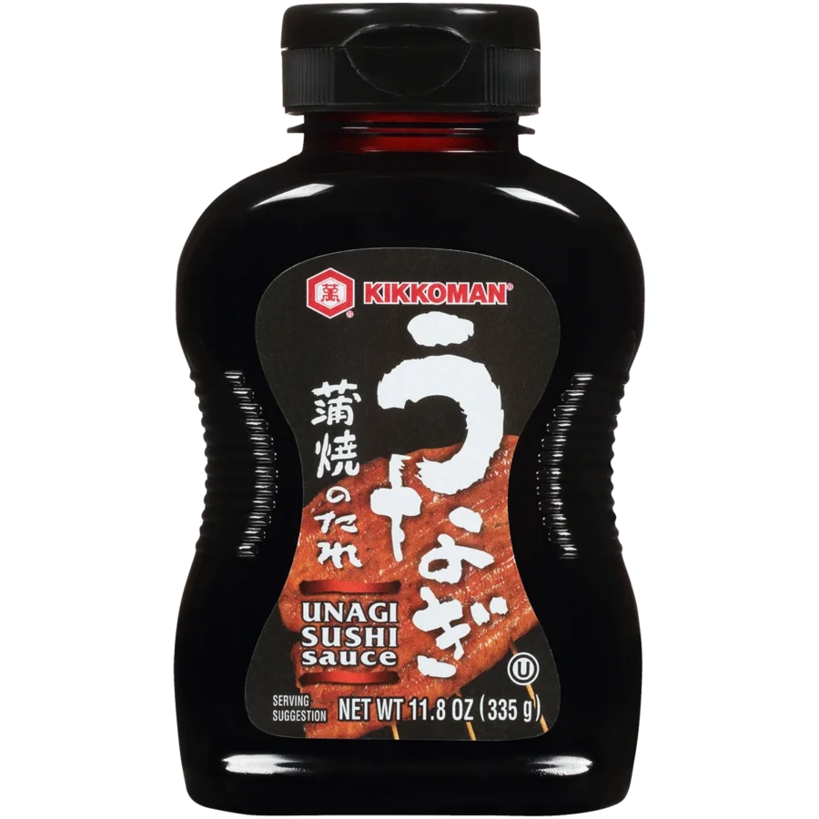 A bottle of Kikkoman Unagi Sushi Sauce, 11.8 oz (335g), with Japanese and English text on the label.