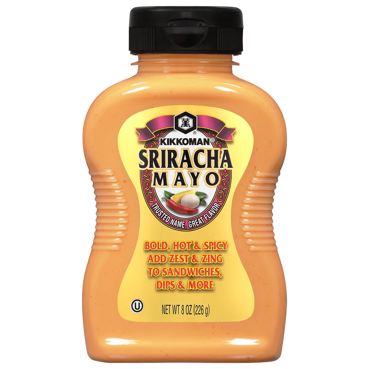 A bottle of Kikkoman Sriracha Mayo, 8 oz, with a yellow label describing it as bold, hot and spicy, for sandwiches, dips, and more.