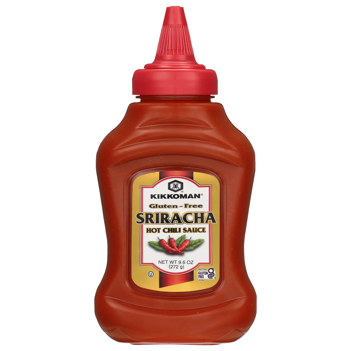 A plastic squeeze bottle of Kikkoman Gluten-Free Sriracha Hot Chili Sauce, 9.5 oz size, with a red cap and label featuring chili peppers.