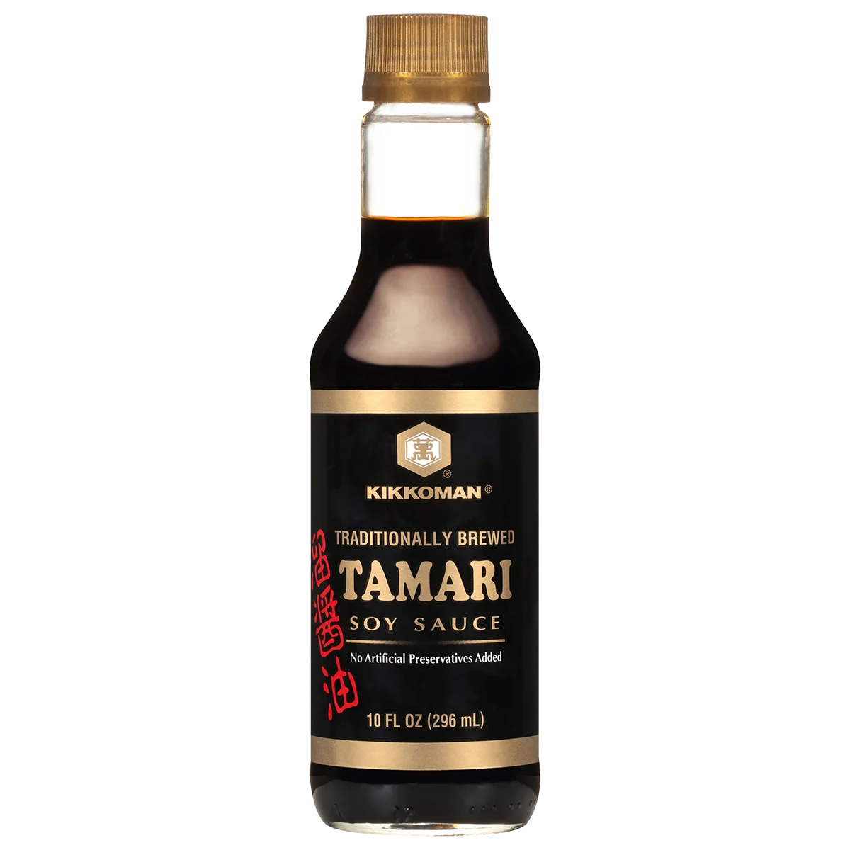 A bottle of Kikkoman Tamari Soy Sauce, 10 fl oz (296 ml), with a black label and gold cap.