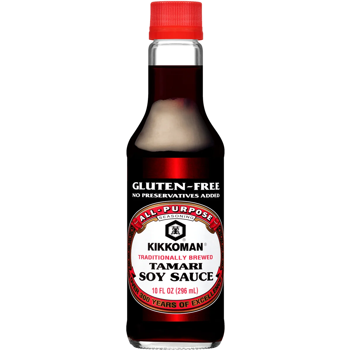 A bottle of Kikkoman Tamari Soy Sauce, labeled gluten-free and traditionally brewed, with a red cap and 10 fl oz (296 ml) capacity.