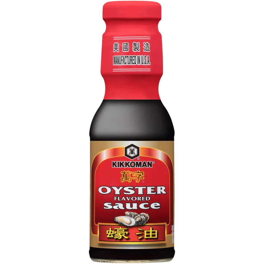 A bottle of Kikkoman Oyster Flavored Sauce with red cap, black body, and a red and gold label displaying oysters and bilingual text.