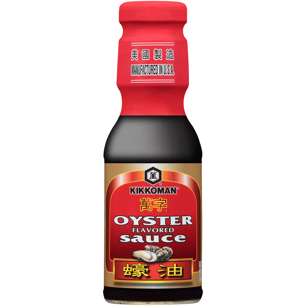 A bottle of Kikkoman Oyster Flavored Sauce with red cap, black body, and a red and gold label displaying oysters and bilingual text.