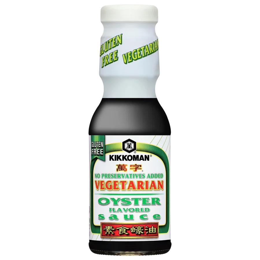 A bottle of Kikkoman Vegetarian Oyster Flavored Sauce with labels indicating it is gluten-free and contains no preservatives.