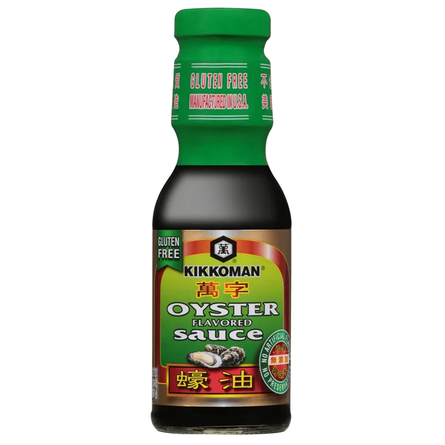 A bottle of Kikkoman gluten free oyster flavored sauce with a green cap and multilingual label.