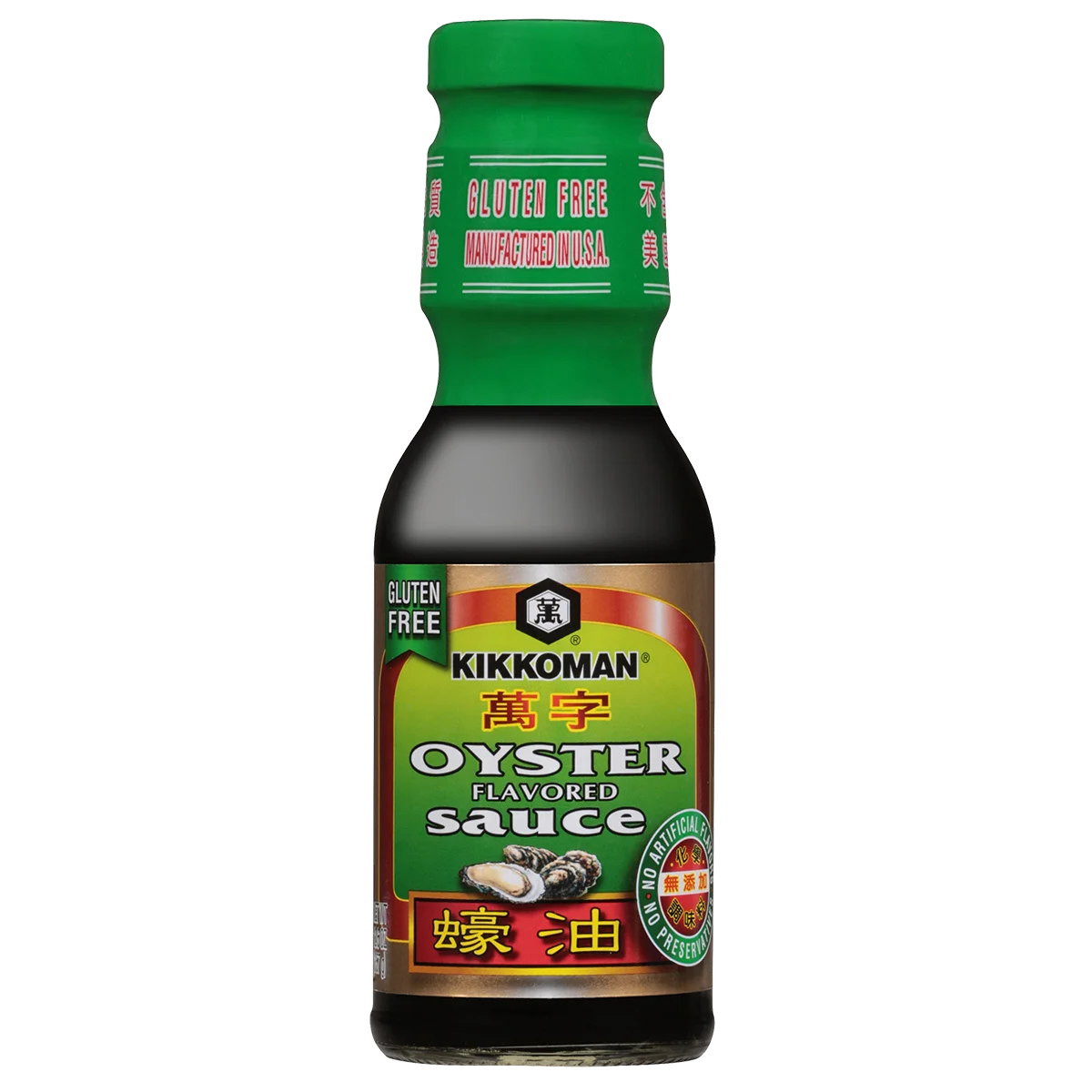 A bottle of Kikkoman gluten free oyster flavored sauce with a green cap and multilingual label.