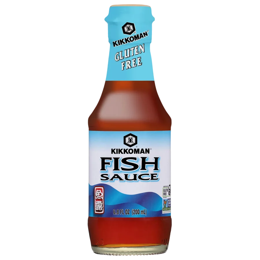 A 200ml bottle of Kikkoman Fish Sauce labeled gluten free, with a blue cap and a blue gradient label.
