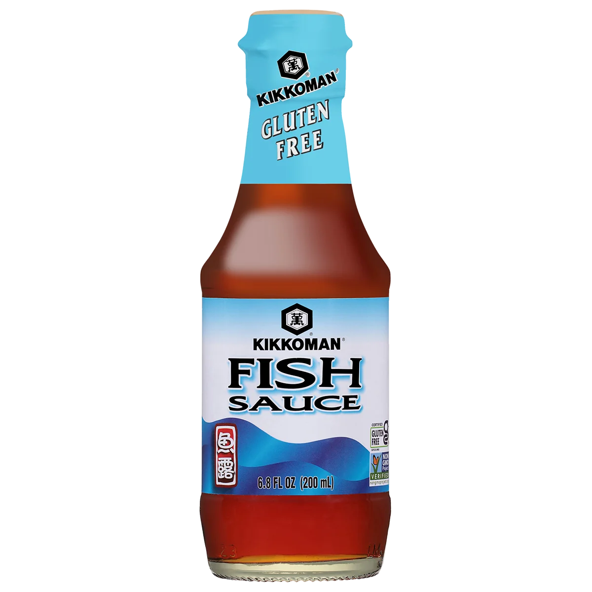 A 200ml bottle of Kikkoman Fish Sauce labeled gluten free, with a blue cap and a blue gradient label.