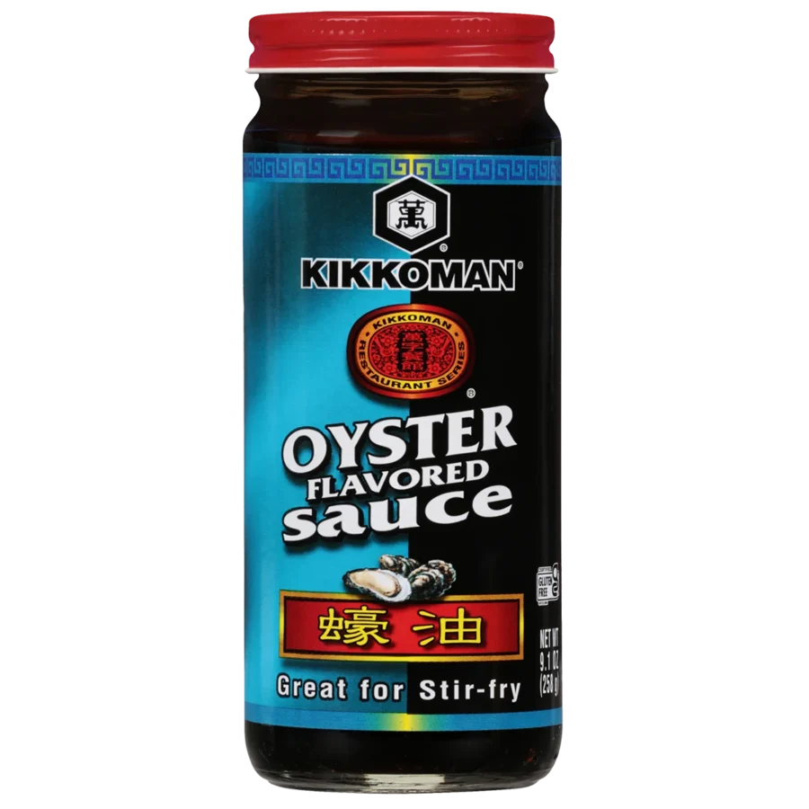 A bottle of Kikkoman Oyster Flavored Sauce with a red cap and blue label, featuring an oyster image and text indicating it's great for stir-fry.
