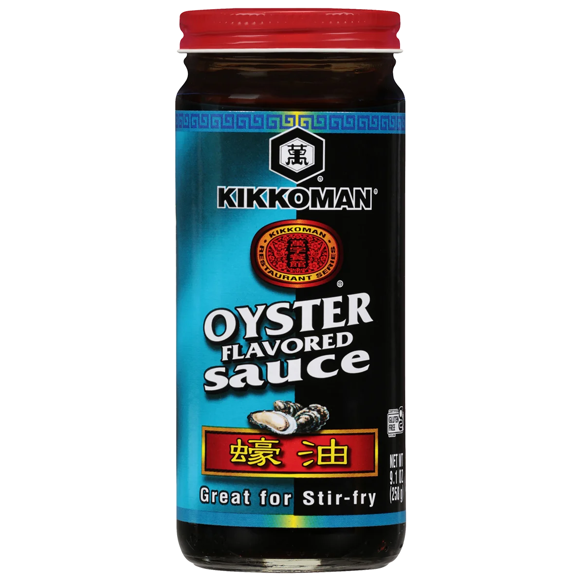 A bottle of Kikkoman Oyster Flavored Sauce with a red cap and blue label, featuring an oyster image and text indicating it's great for stir-fry.