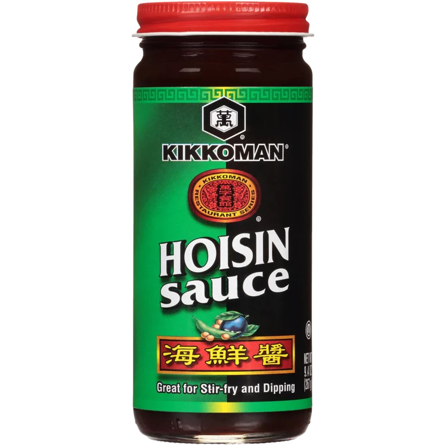 A jar of Kikkoman Hoisin Sauce with a green and black label and red lid, labeled as great for stir-fry and dipping.