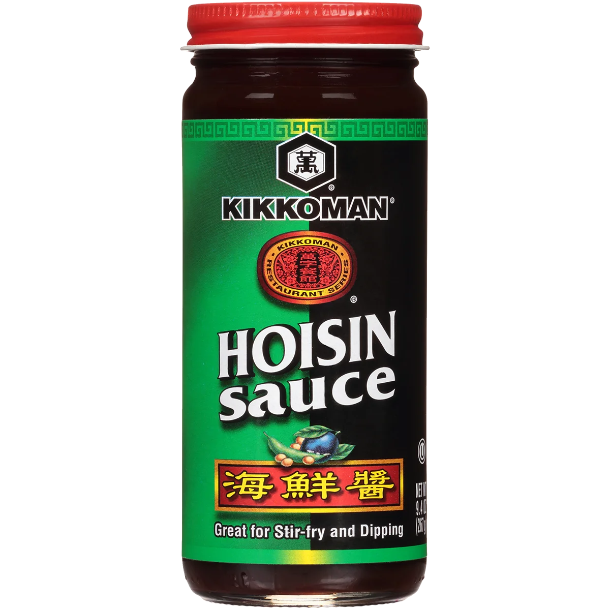 A jar of Kikkoman Hoisin Sauce with a green and black label and red lid, labeled as great for stir-fry and dipping.