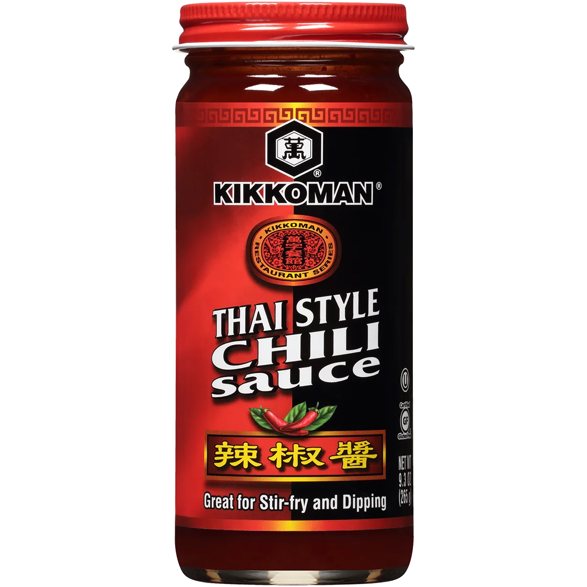 A jar of Kikkoman Thai Style Chili Sauce with a red label, chili pepper graphics, and English and Chinese text, suitable for stir-fry and dipping.